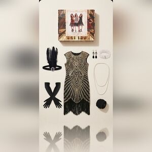 Beaded Fringe Flapper Dress in Black and Gold